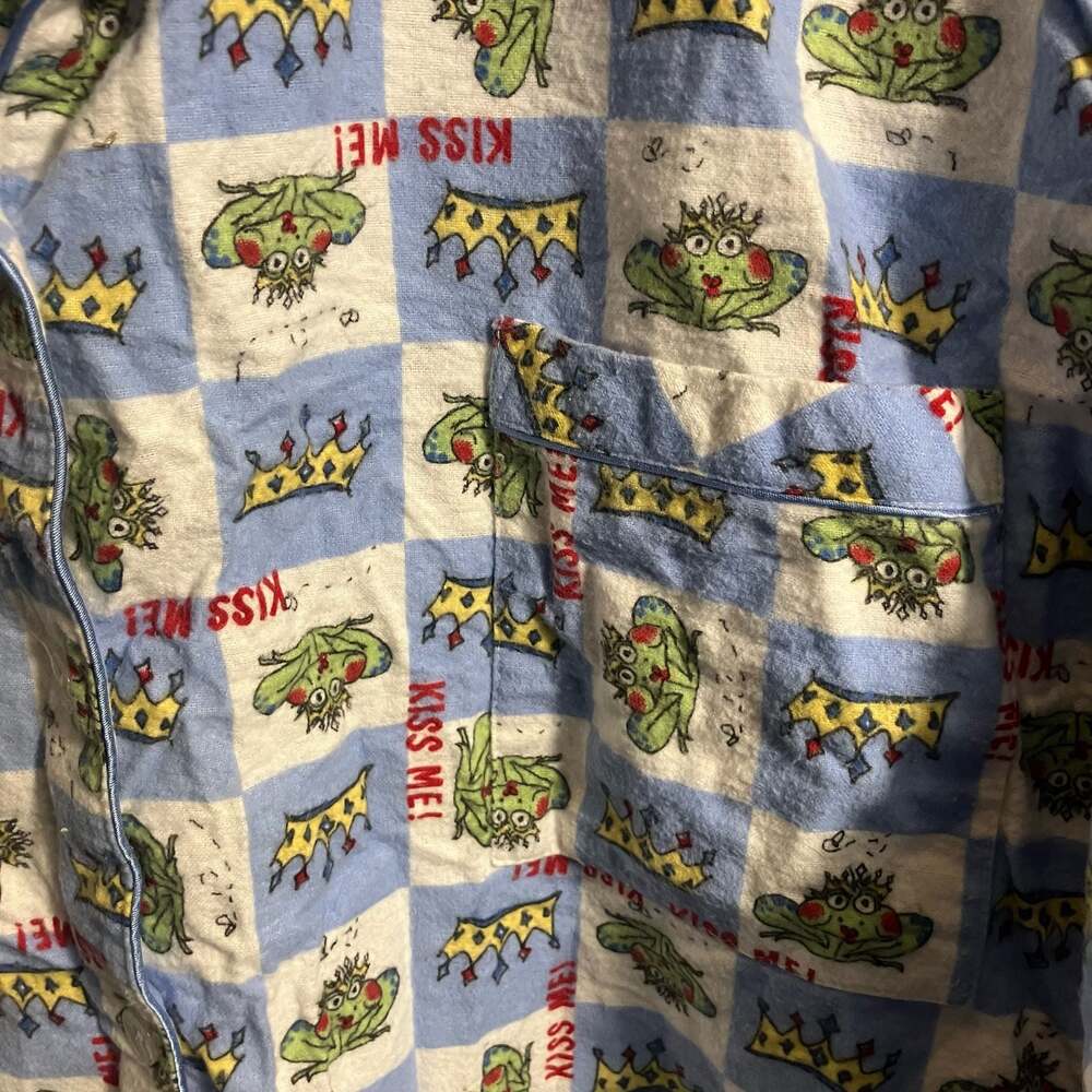 Ashley Taylor Frog Prince Kiss Me Blue Checkered Flannel Pajama Top Size 4X